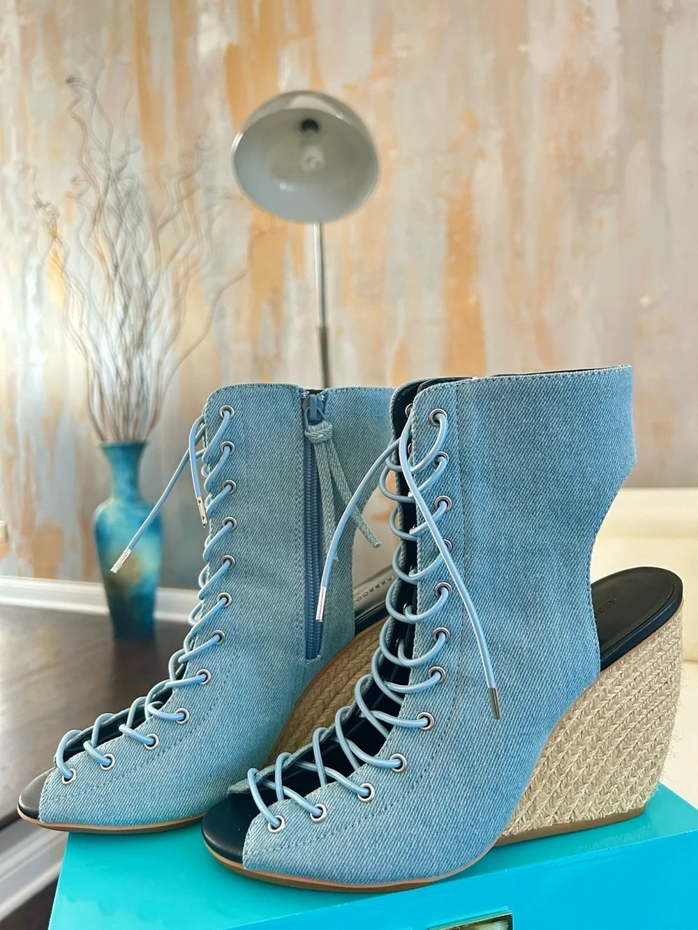 Rebecca Minkoff Denim Lace-Up Peep-Toe Wedges